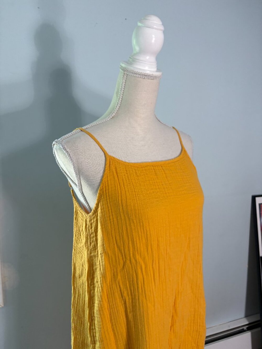 STARKx Low Back Cami Dress size S small golden yellow midi cotton gauze slit - Picture 2 of 8